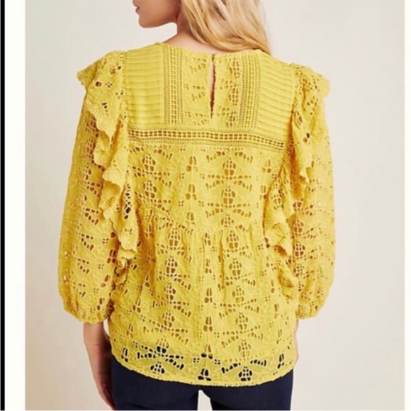 Anthropologie Clementine Peasant Blouse SZ 6 Yellow Eyelet Ruffles Boho Hipster - Picture 2 of 11